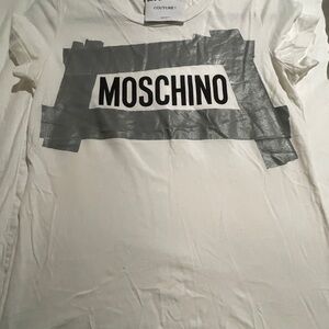Moschino White Tee with Gray Tape Graphic